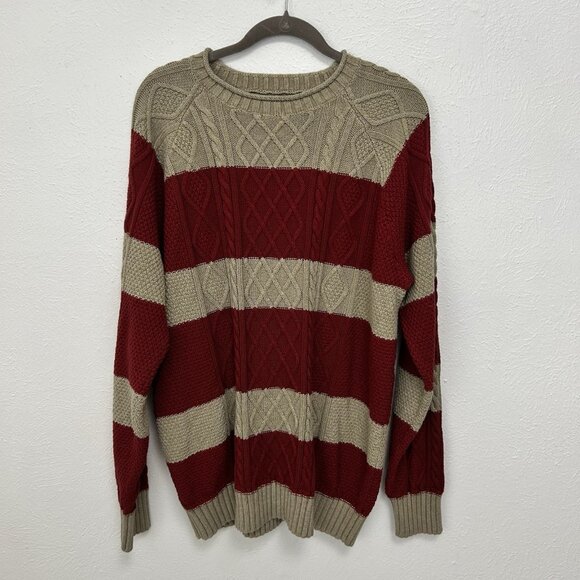 LL Bean Signature Men’s XXL Sweater Striped Cable Knit Red Beige Cotton Linen - Picture 1 of 10